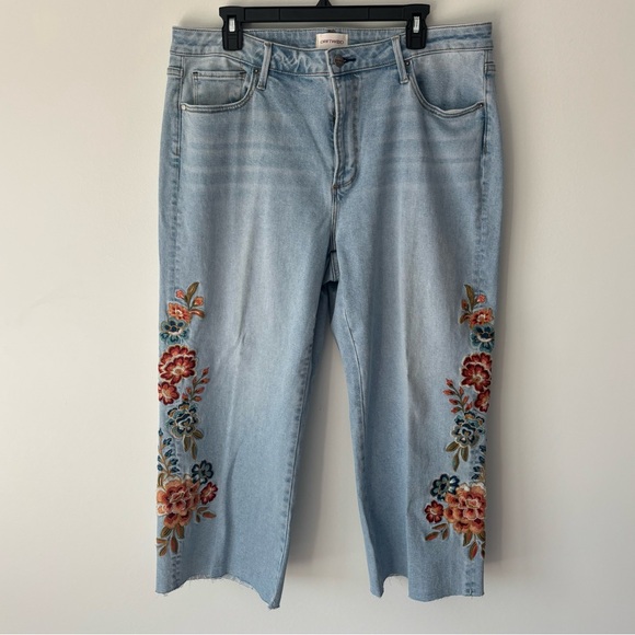 Driftwood Charlee Wide Leg Jeans Floral Embroidery Light Wash Denim Pink Orange - Picture 1 of 14
